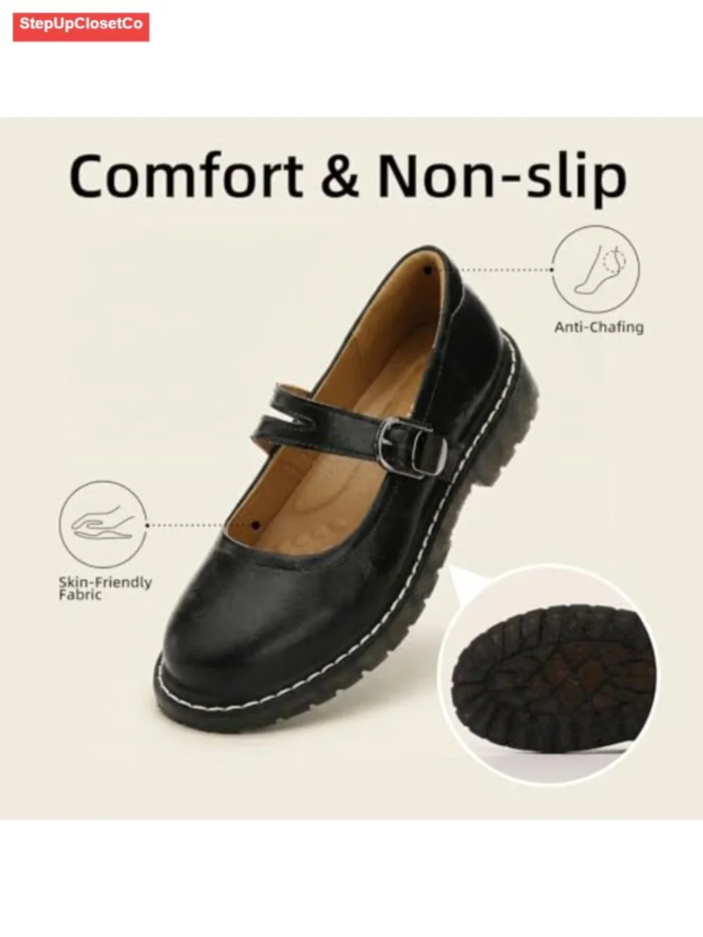 Mary Jane Flats Women Leather Oxfords Non Slip Hook Loop Memory Foam Comfort